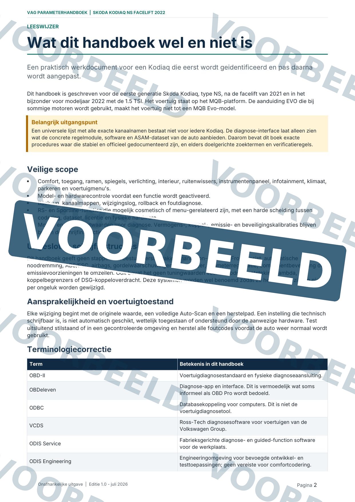 Voorbeeldpagina: Leeswijzer en veilige scope